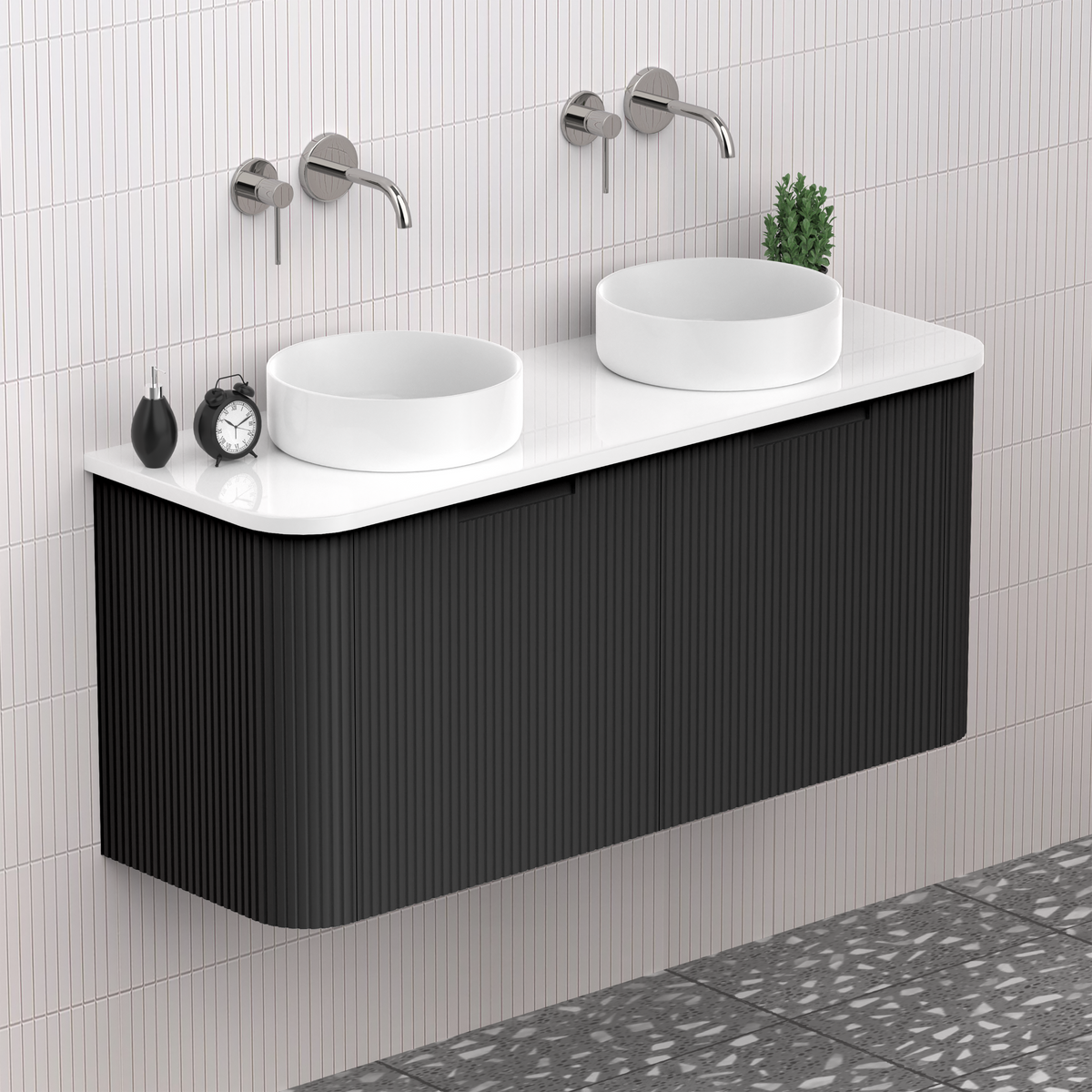 Fluted Matt Black Designer Double Bowl Vanity Unit 1200mm WH2216S_1200D_MB - Bathroom Hub