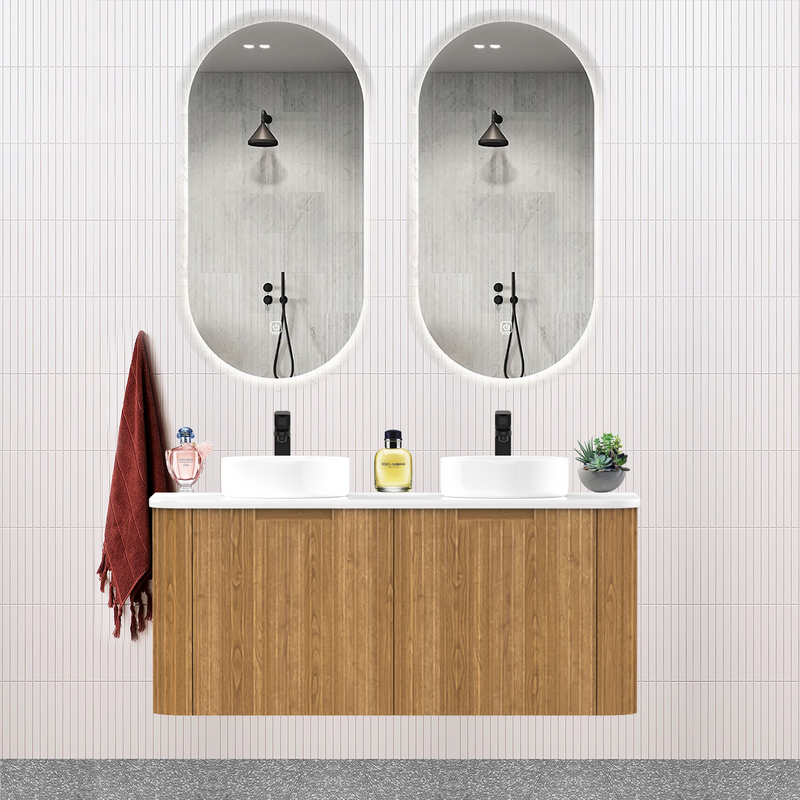 Fluted Timber Oak Designer Double Bowel Vanity Unit 1200mm