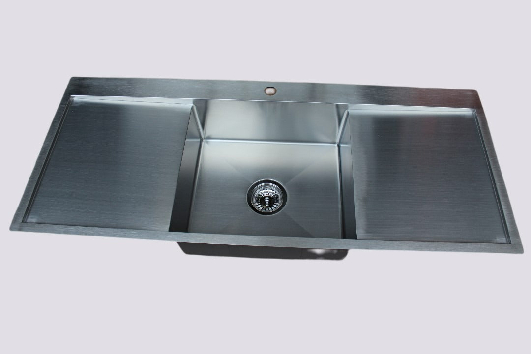 Handmade Stainless Steel Kitchen Sink Single Bowl with Double Drainers (122m x 50cm) - HMSBDD12250TH - Bathroom Hub
