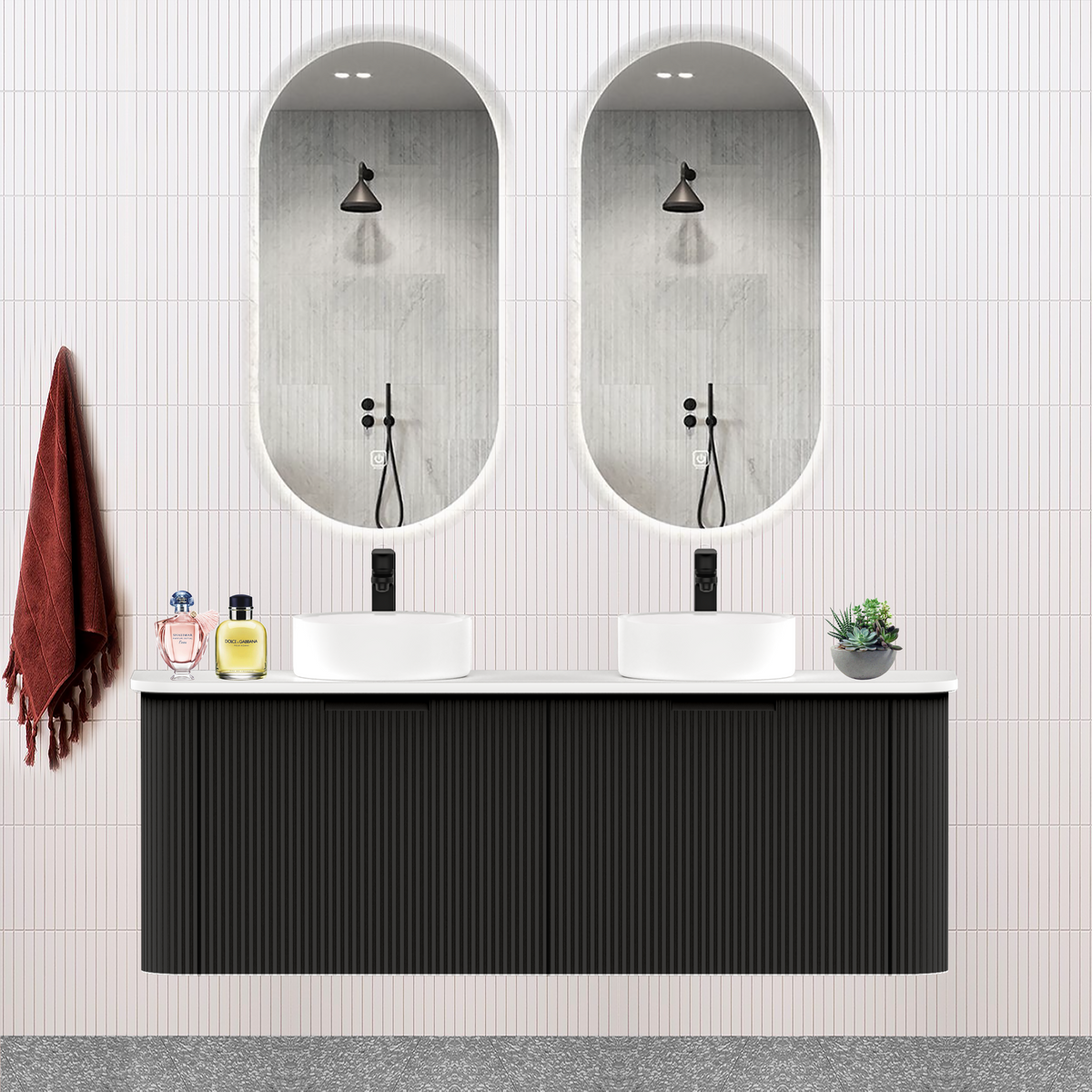 Fluted Matt Black Designer Double Bowl Vanity Unit 1500mm WH2216S_1500D_MB