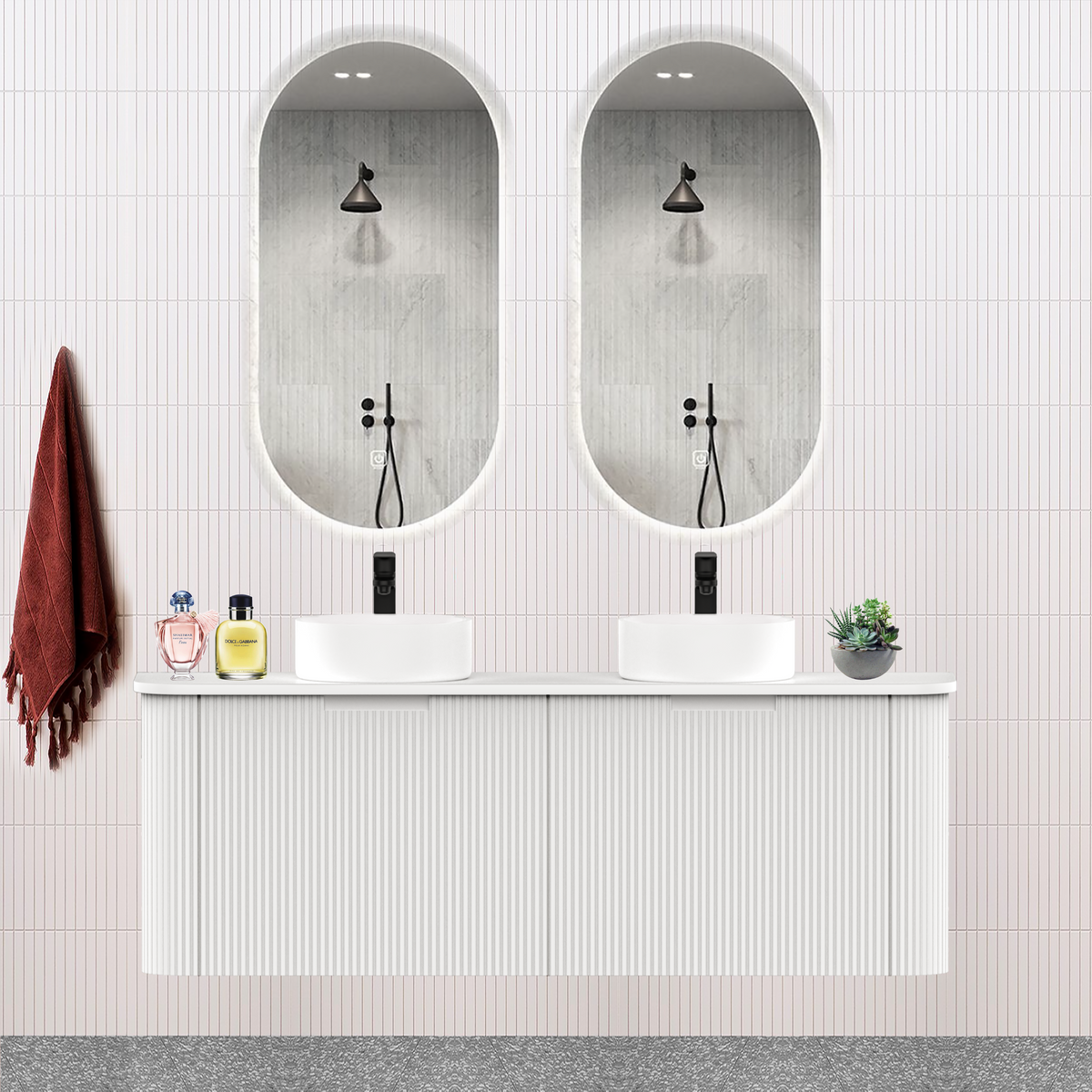 Fluted Matt White Designer Double Bowel Vanity Unit 1500mm WH2216S_1500D_MW