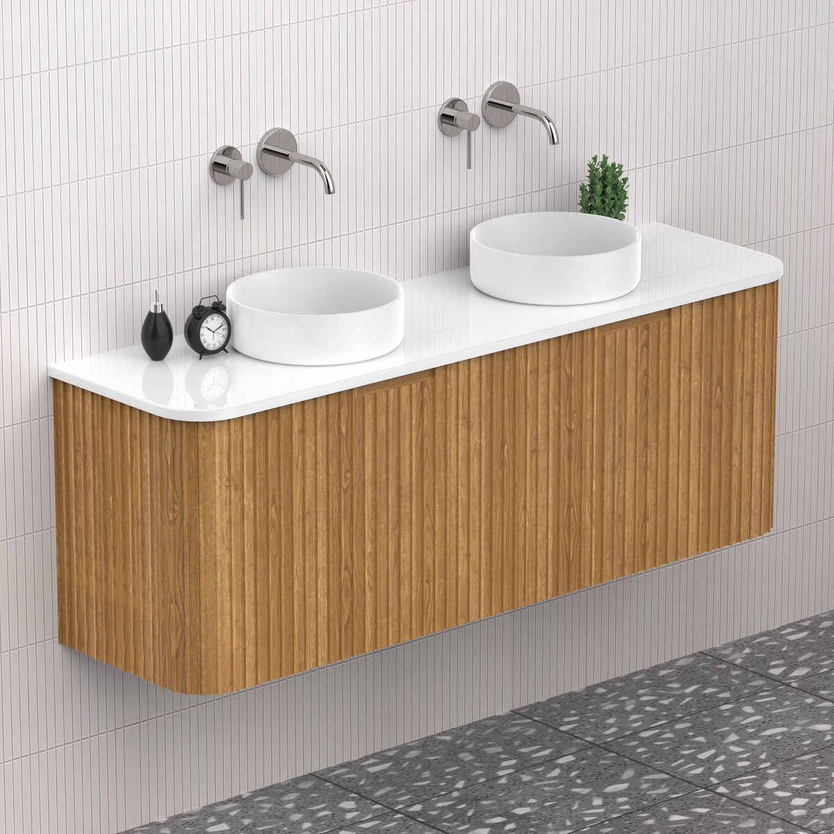 Fluted Timber Oak Designer Double Bowl Vanity Unit 1500mm WH2216S_1500D_OAK