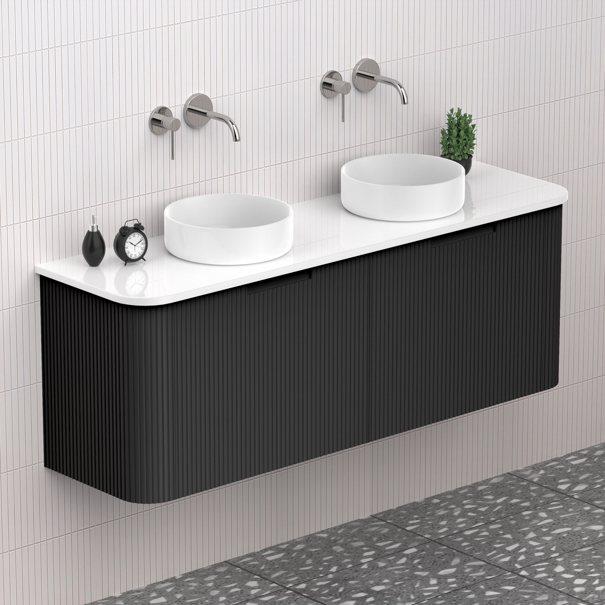 Fluted Matt Black Designer Double Bowl Vanity Unit 1500mm WH2216S_1500D_MB