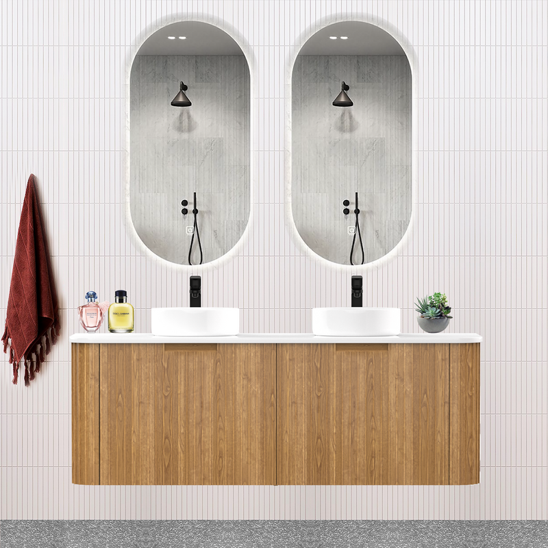 Fluted Timber Oak Designer Double Bowel Vanity Unit 1500mm