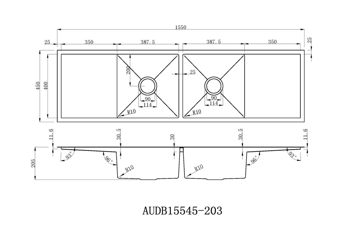 Handmade Stainless Steel Kitchen Sink Double Bowls and Drainers (155cm x 45cm) - HMDBDD15545 - Bathroom Hub