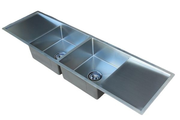 Handmade Stainless Steel Kitchen Sink Double Bowls and Drainers (155cm x 45cm) - HMDBDD15545