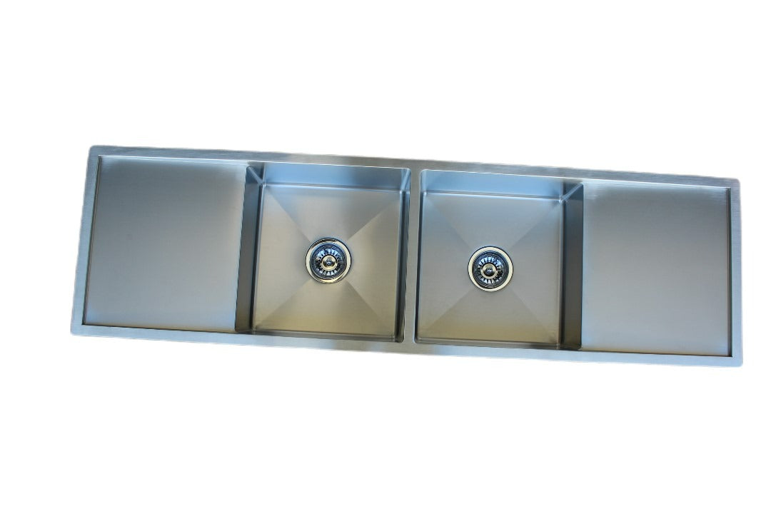 Handmade Stainless Steel Kitchen Sink Double Bowls and Drainers (155cm x 45cm) - HMDBDD15545 - Bathroom Hub