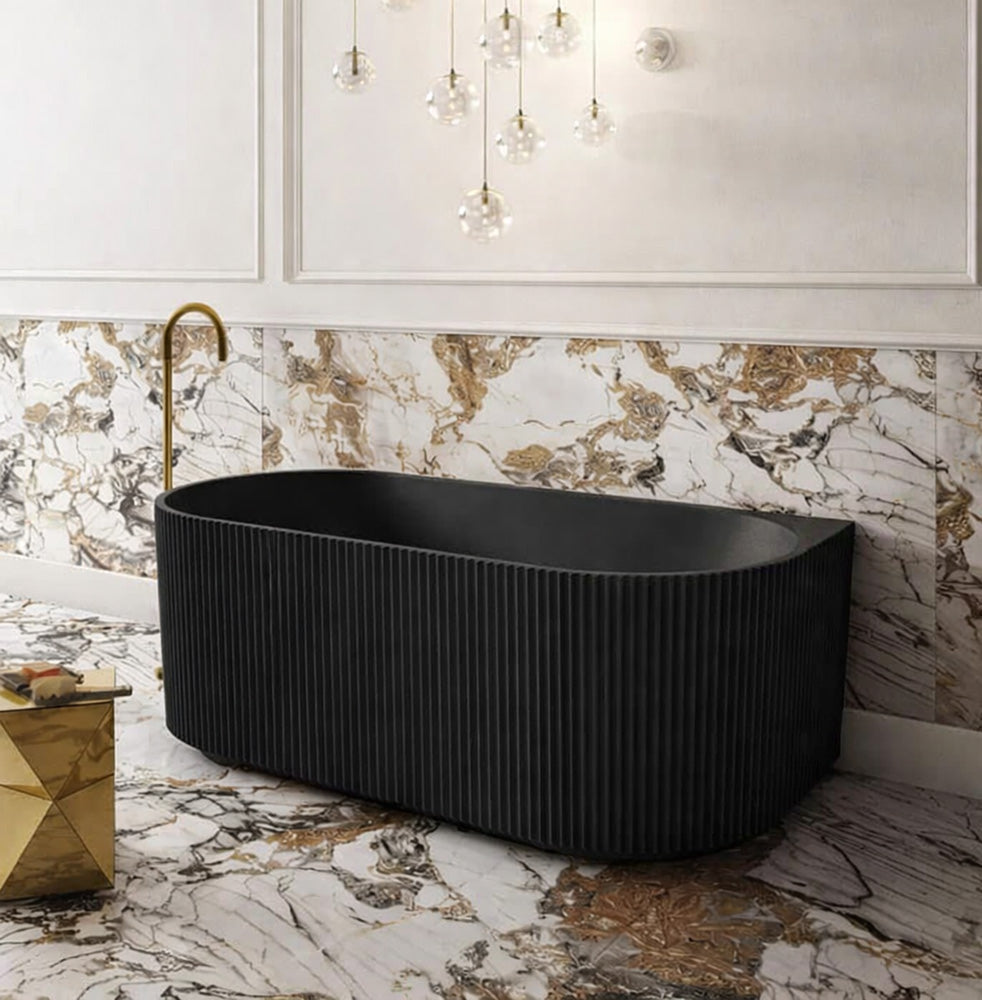 1700 mm Fluted V Groove Matt Black Back to Wall Freestanding Bath - Bathroom Hub