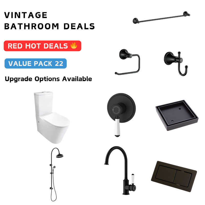 Vintage Matt Black With Ceramic White Handle Bathroom Package Deal