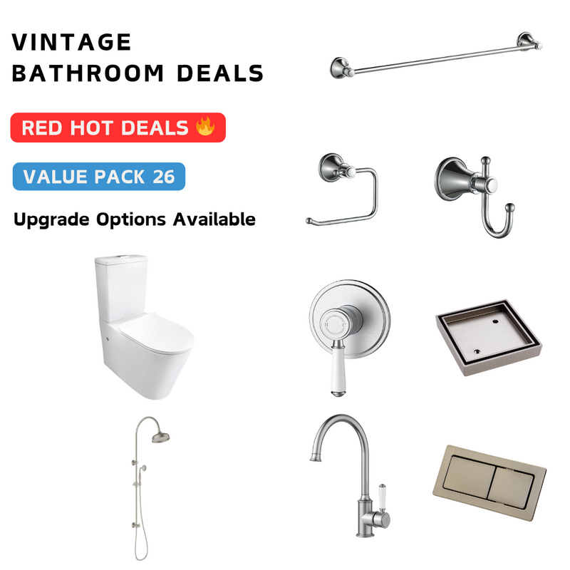 Vintage Brushed Nickel With Ceramic White Handle Bathroom Package Deal