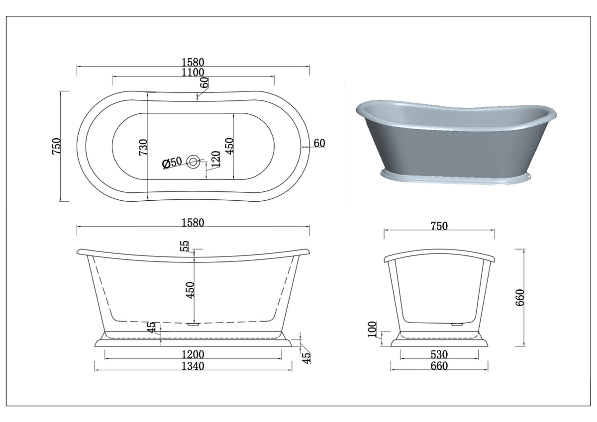 1580mm Hampton Matt White Freestanding Bath 5044-1580MW - Bathroom Hub