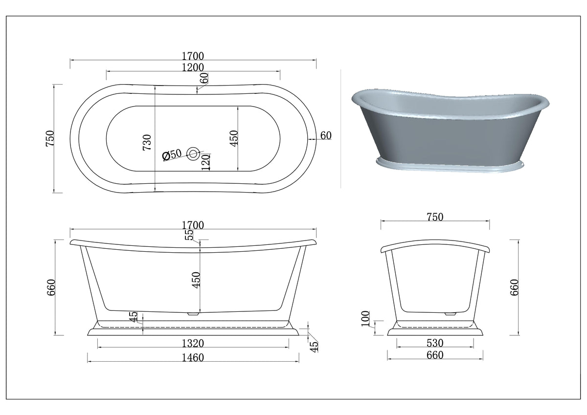 1700mm Hampton Matt White Freestanding Bath 5044-1700MW - Bathroom Hub