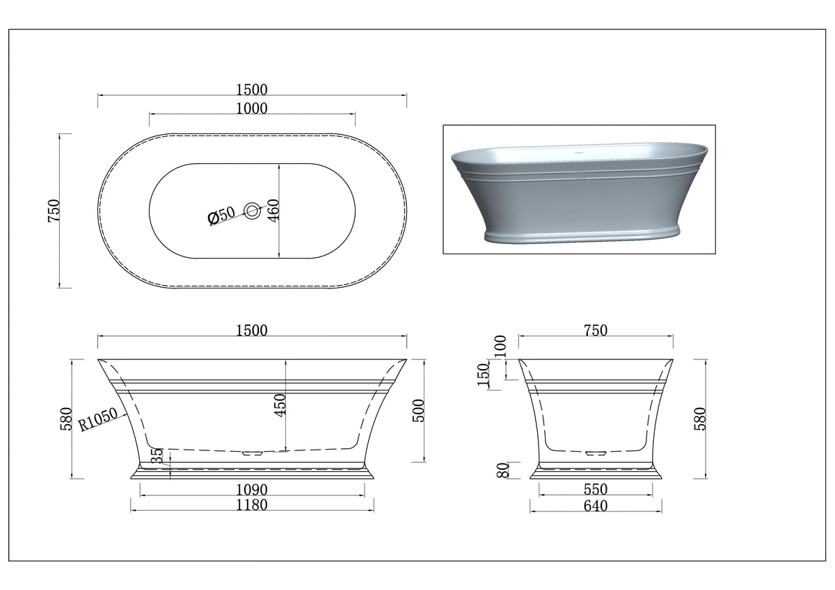 1500mm Hampton Matt White Freestanding Bath 5045-1500mm - Bathroom Hub