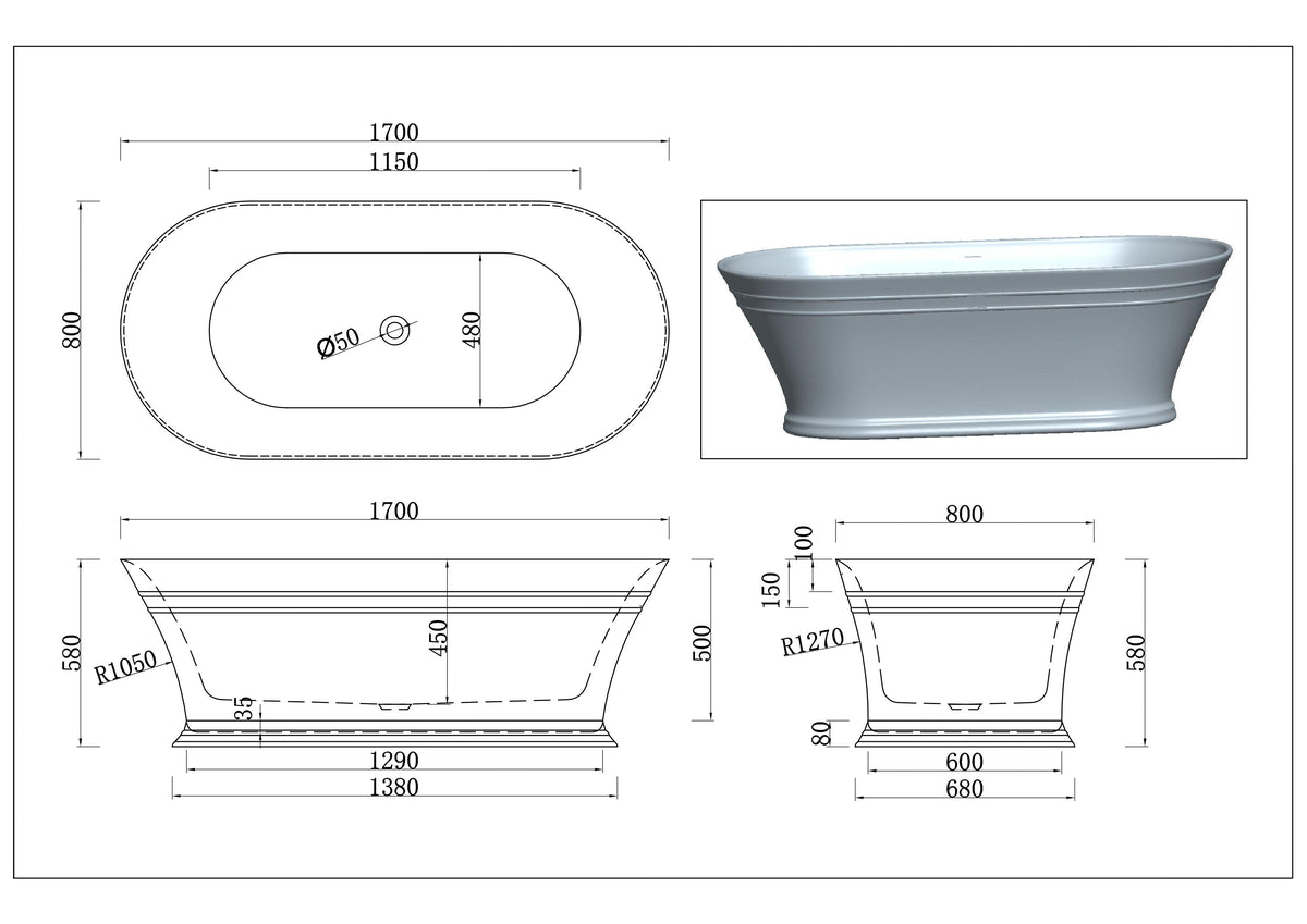 1700mm Hampton Matt White Freestanding Bath 5045-1700MW - Bathroom Hub