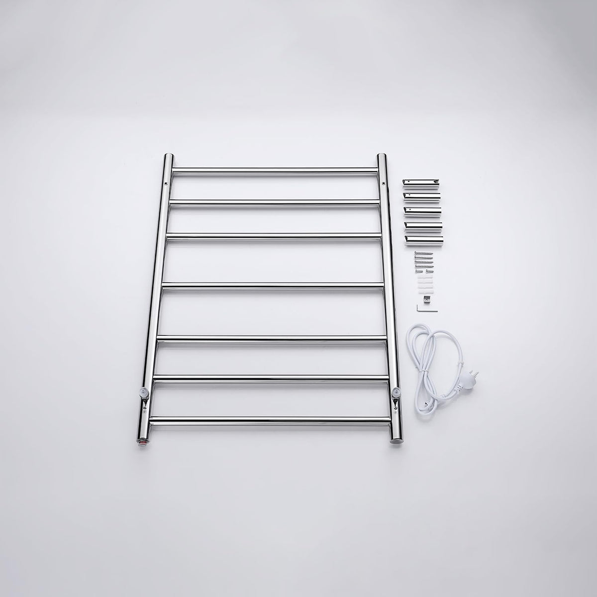 Decaura 7-Bar Heated Towel Rail – Electric Bathroom Towel Warmer, Wall-Mounted Stainless Steel, IP55 Waterproof, Plug-in or Hardwired, 600W x 800H x 122D mm – Chrome