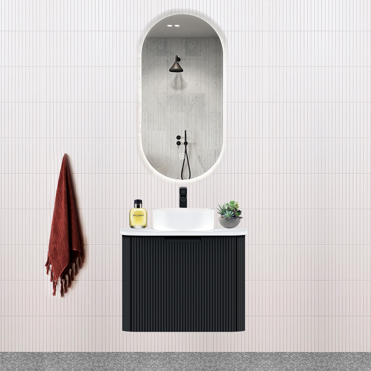 Fluted Matt Black Designer Vanity Unit 600mm WH2216S_600_MB - Bathroom Hub