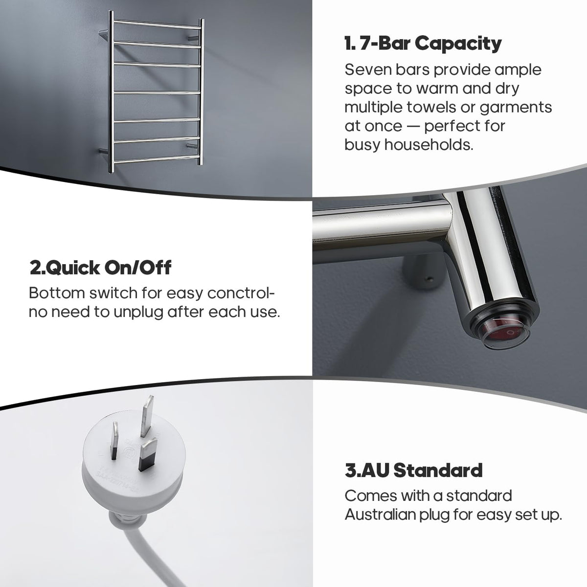 Decaura 7-Bar Heated Towel Rail – Electric Bathroom Towel Warmer, Wall-Mounted Stainless Steel, IP55 Waterproof, Plug-in or Hardwired, 600W x 800H x 122D mm – Chrome