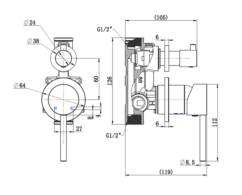Antique Brass Wall Mixer with Diverter ABA-70DS-60