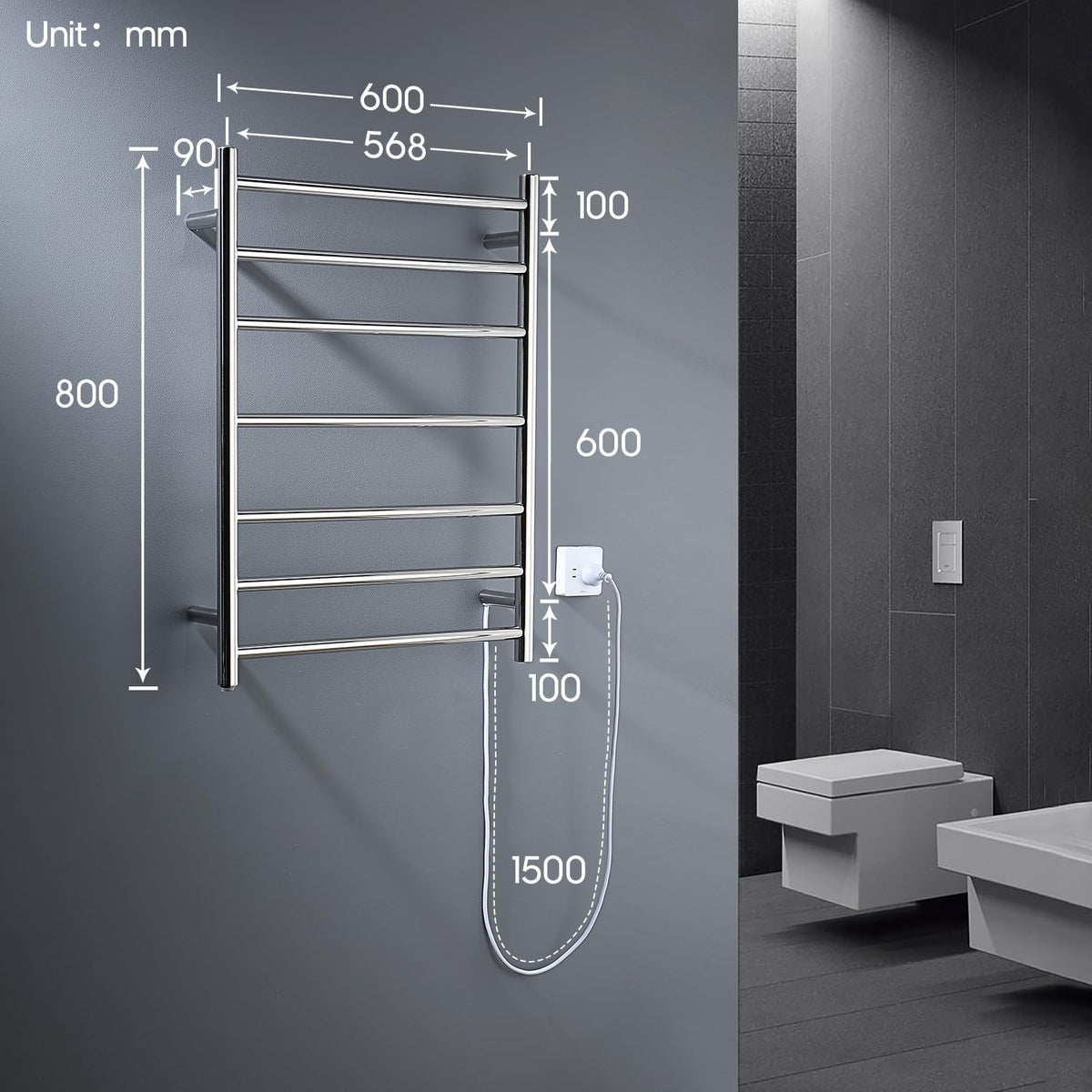 Decaura 7-Bar Heated Towel Rail – Electric Bathroom Towel Warmer, Wall-Mounted Stainless Steel, IP55 Waterproof, Plug-in or Hardwired, 600W x 800H x 122D mm – Chrome