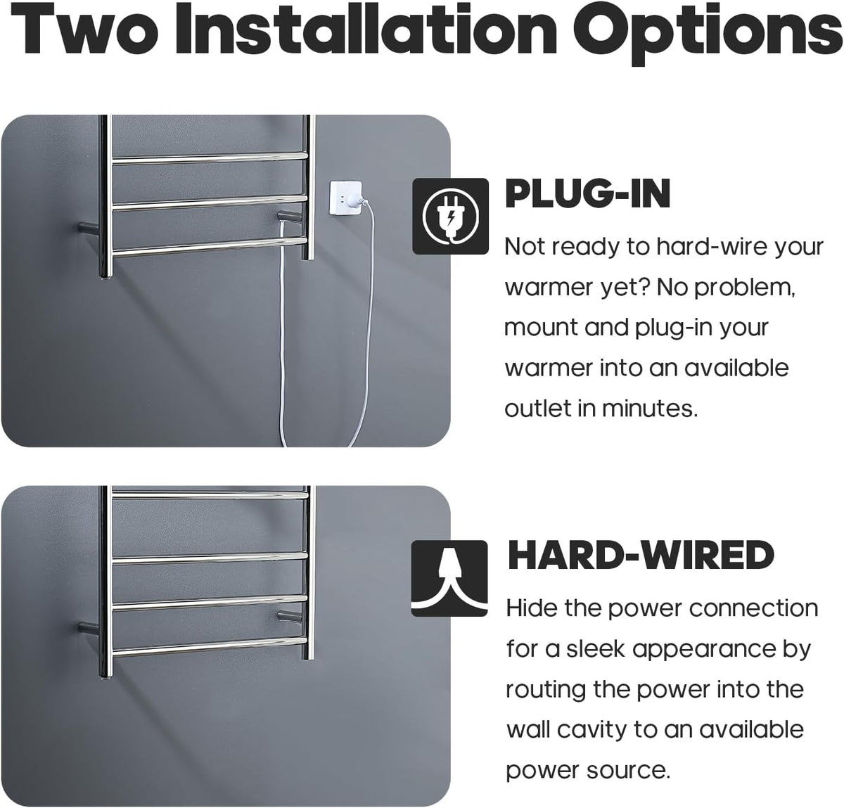 Decaura 7-Bar Heated Towel Rail – Electric Bathroom Towel Warmer, Wall-Mounted Stainless Steel, IP55 Waterproof, Plug-in or Hardwired, 600W x 800H x 122D mm – Chrome