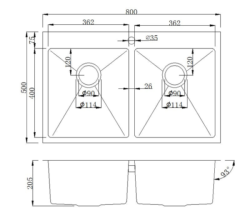 Handmade Stainless Steel Kitchen Sink Double Bowls with Tap Hole (80cm x 50cm) - HMDB8050THR