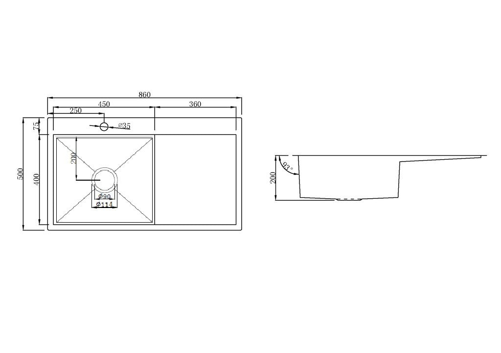 Handmade Stainless Steel Kitchen Sink Single Bowl with Drainer (86m x 50cm) - HMSBD8650TH - Bathroom Hub