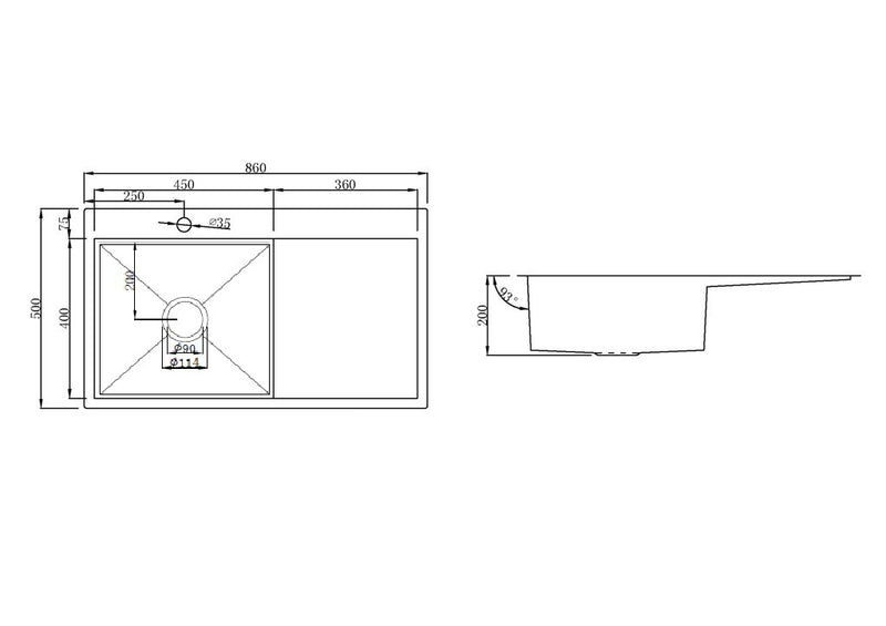 Handmade Stainless Steel Kitchen Sink Single Bowl with Drainer (86m x 50cm) - HMSBD8650TH