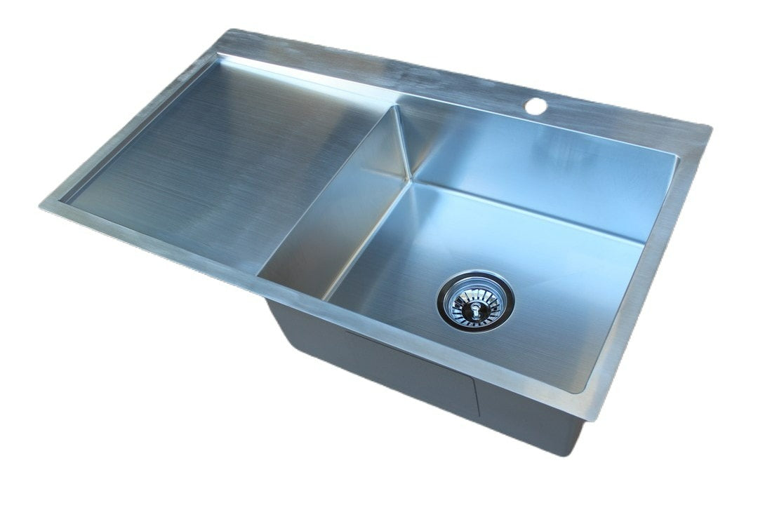 Handmade Stainless Steel Kitchen Sink Single Bowl with Drainer (86m x 50cm) - HMSBD8650TH - Bathroom Hub