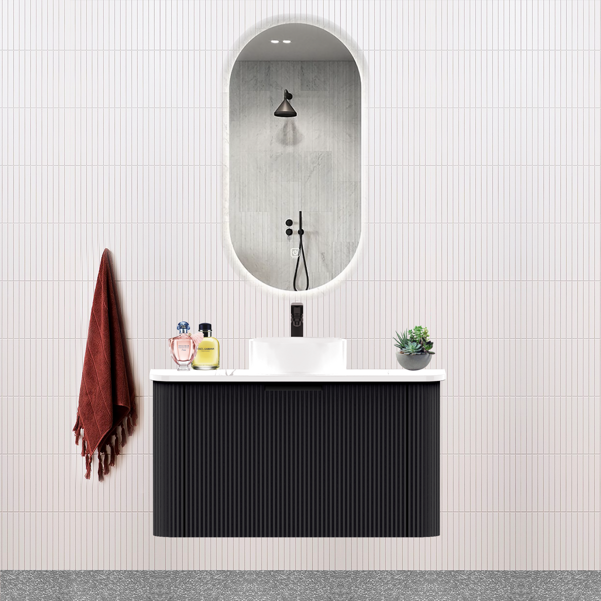 Fluted Matt Black Designer Vanity Unit 900mm WH2216S_900_MB - Bathroom Hub