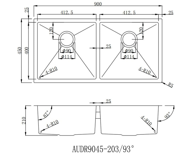 Handmade Stainless Steel Kitchen Sink Double Bowls (90cm x 45cm) - HMDB9045