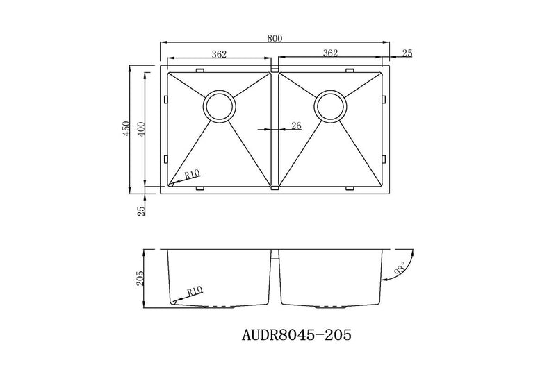 Handmade Stainless Steel Kitchen Sink Double Bowls (80cm x 45cm) - HMDB8045R