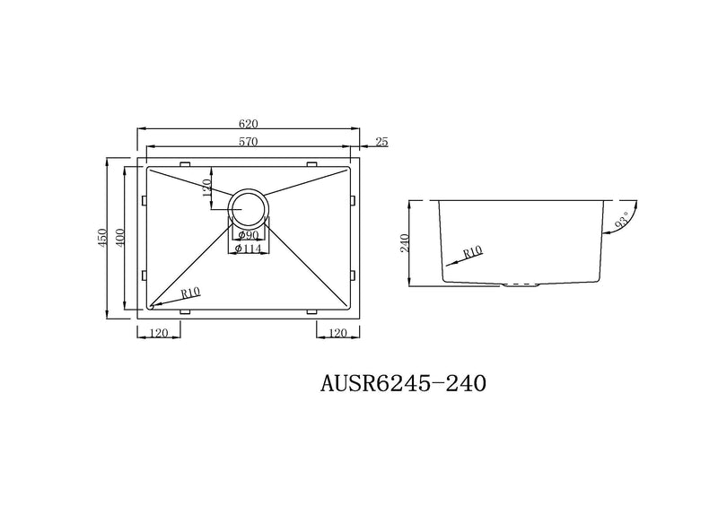 Handmade Stainless Steel Kitchen Sink / Laundry Tub (62cm x 45cm) - HMSB6245R