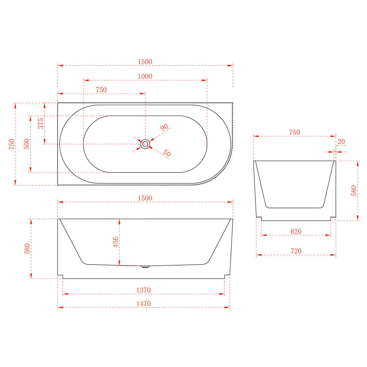 1500 mm Fluted V Groove Corner Matt Black Freestanding Bath - Bathroom Hub
