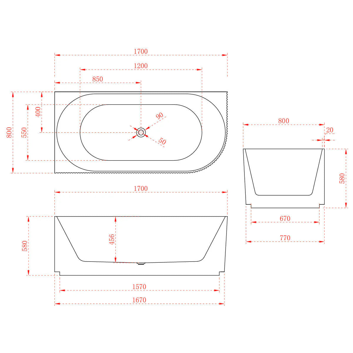 1700 mm Fluted V Groove Corner Matt White Freestanding Bath - Bathroom Hub