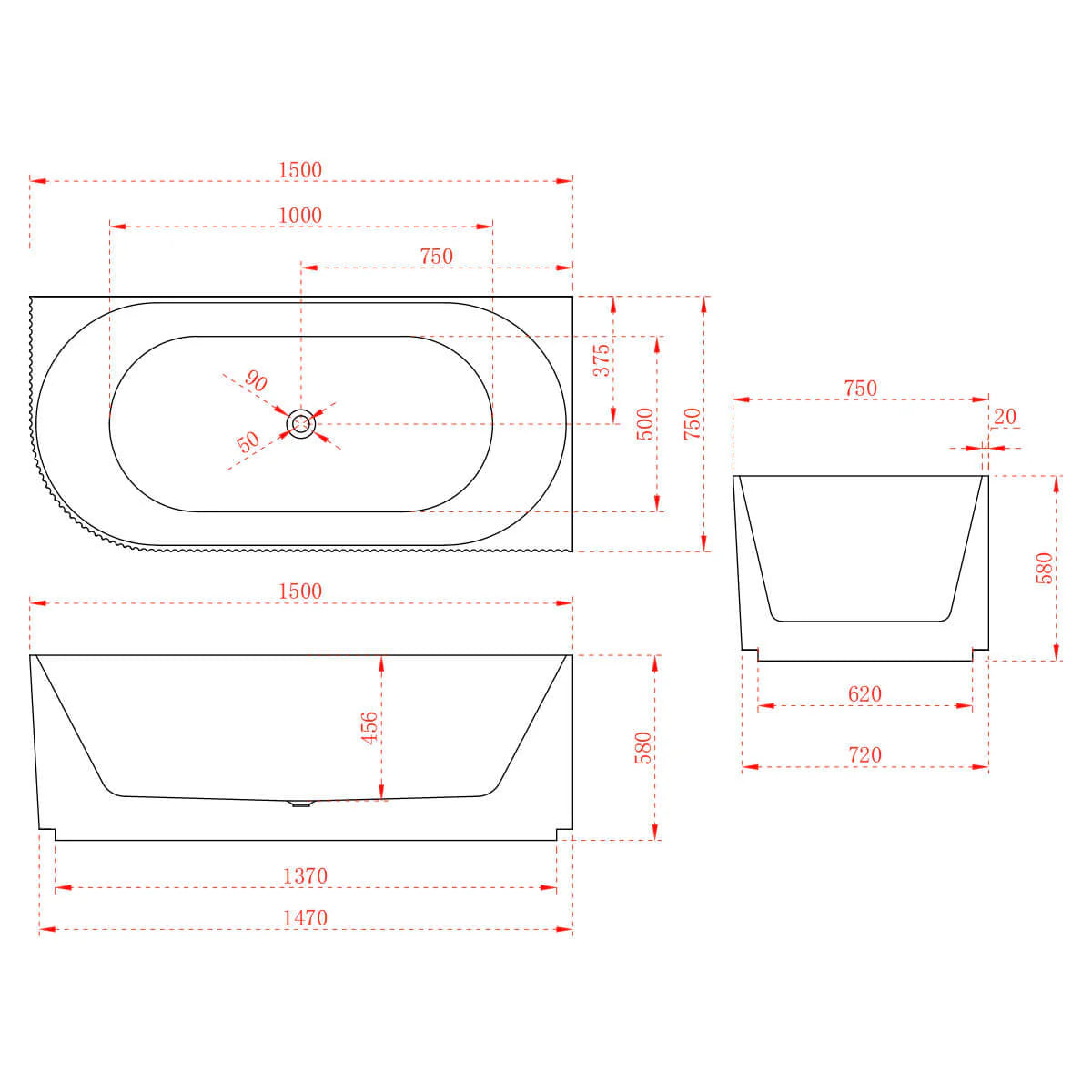 1500mm Fluted V Groove Corner Matt White Freestanding Bath - Bathroom Hub