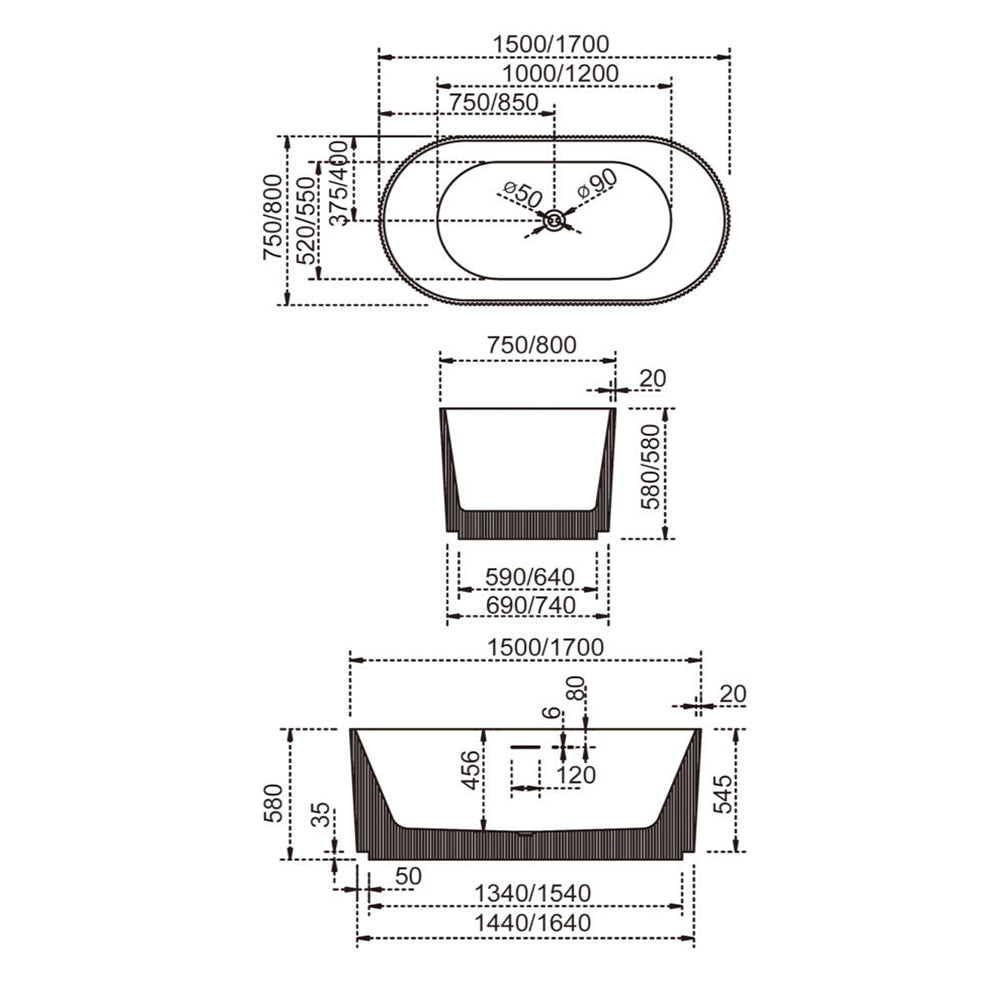 1700 mm Fluted V Groove Matt Black Freestanding Bath AVALON1700-MB - Bathroom Hub