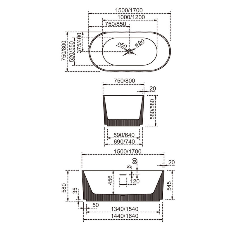 1700mm Fluted V Groove Matt White Freestanding Bath