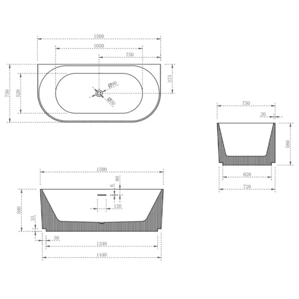 1500mm Fluted V Groove Matt White Back to Wall Freestanding Bath - Bathroom Hub
