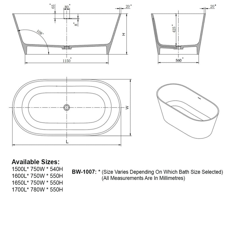 Solid Surface Cast Stone Freestanding Bath 1007 Matt White & Matt Black