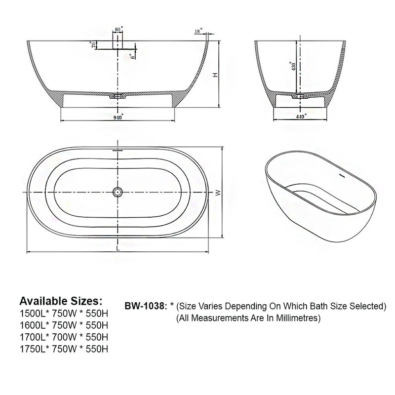 Solid Surface Cast Stone Freestanding Bath 1038 Matt White & Matt Black