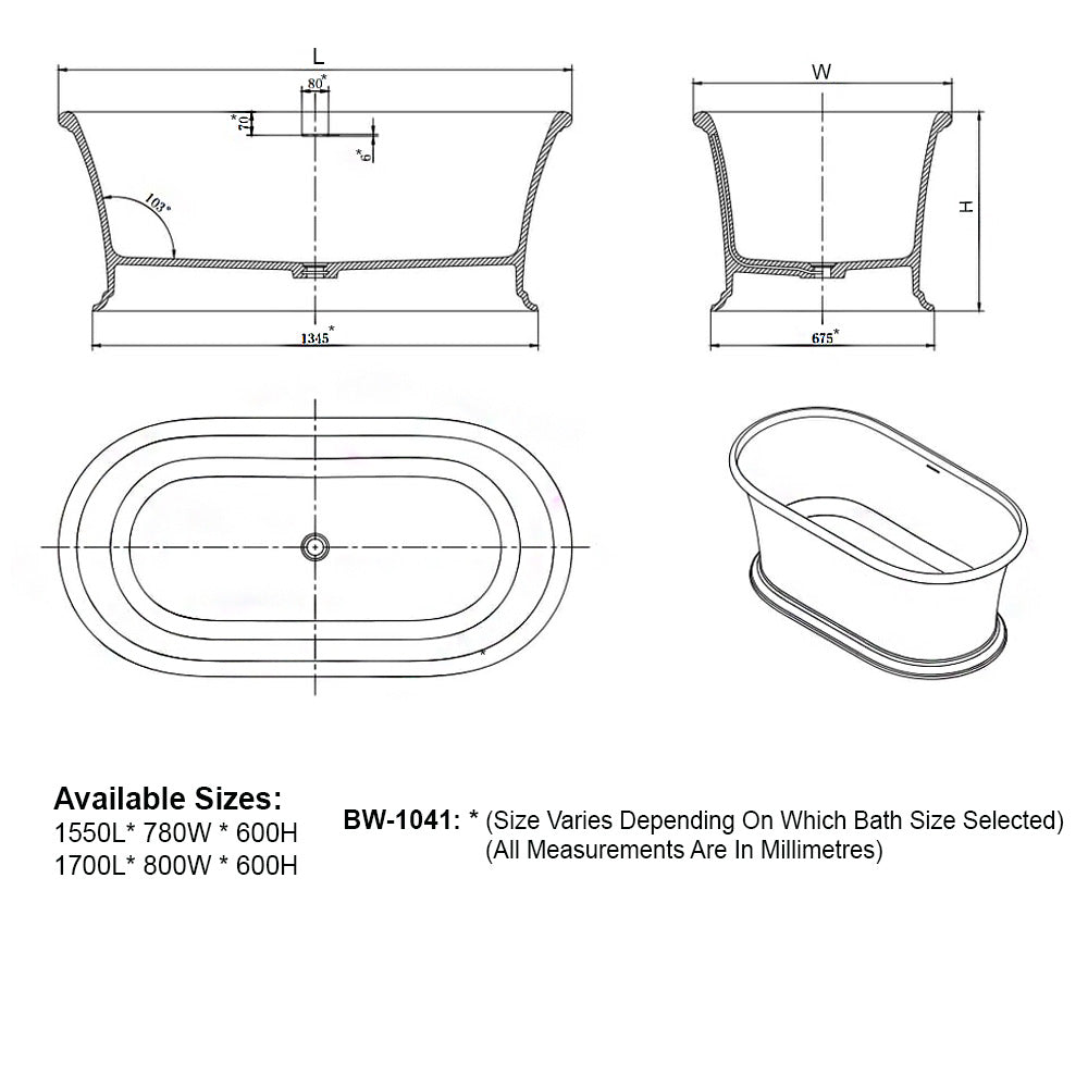 Solid Surface Cast Stone Freestanding Bath 1041 Matt White - Bathroom Hub