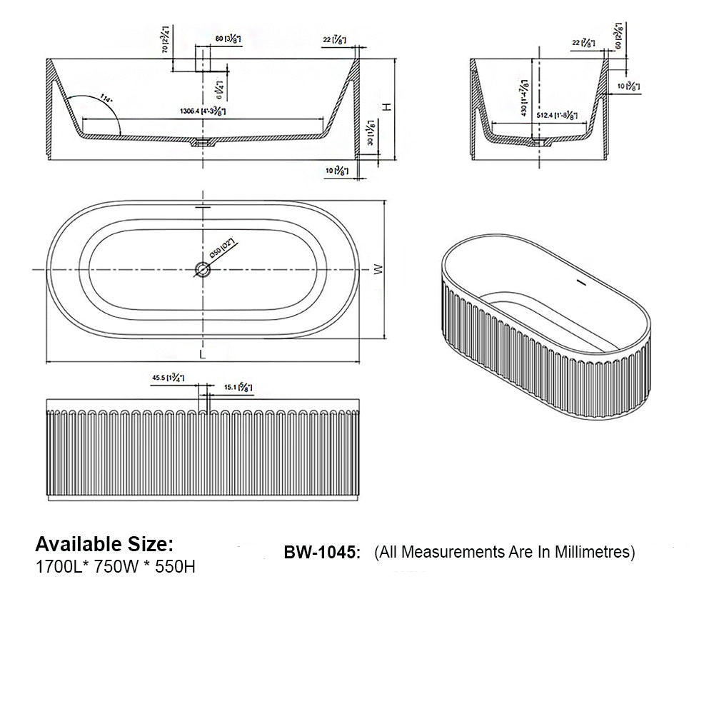 Solid Surface Cast Stone Freestanding Bath 1045 Concrete Finish - Bathroom Hub