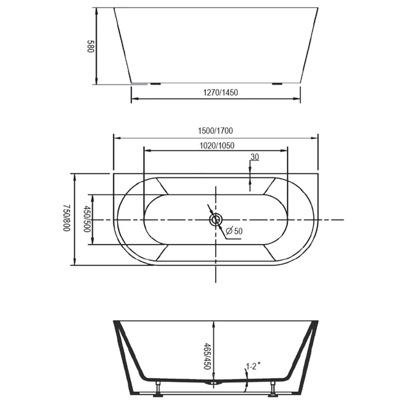 1500mm Miranda Back to Wall Freestanding Bath