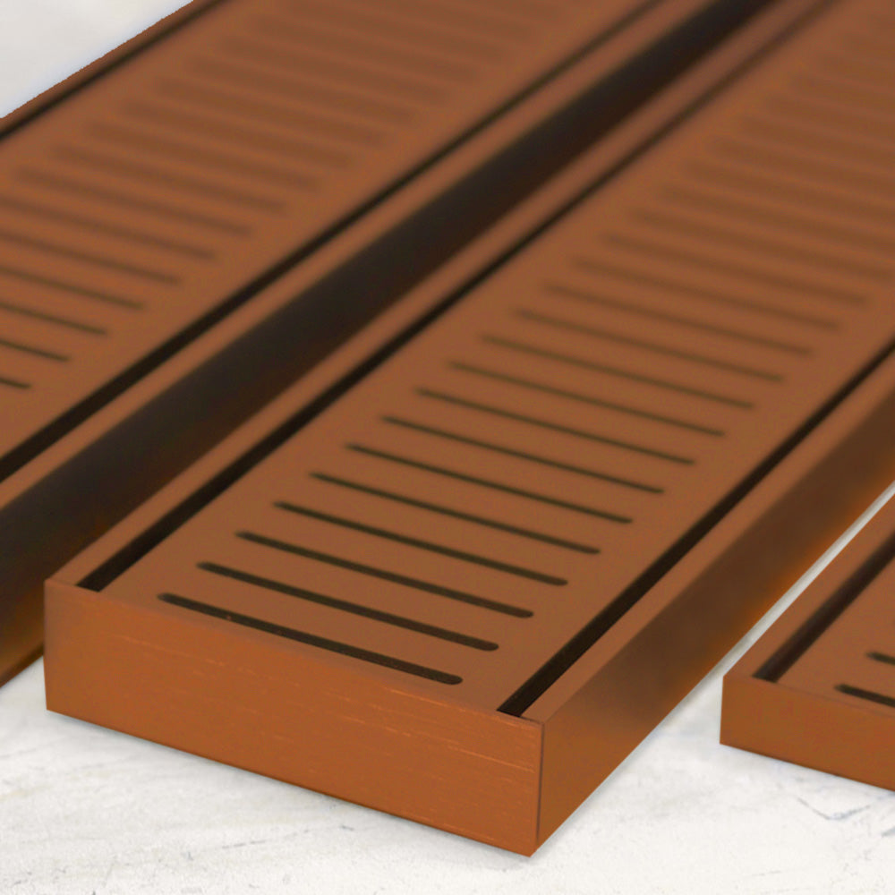 Aluminium Slimline Shower Grate Drain Brush Copper 300-3000x100x21mm - Bathroom Hub