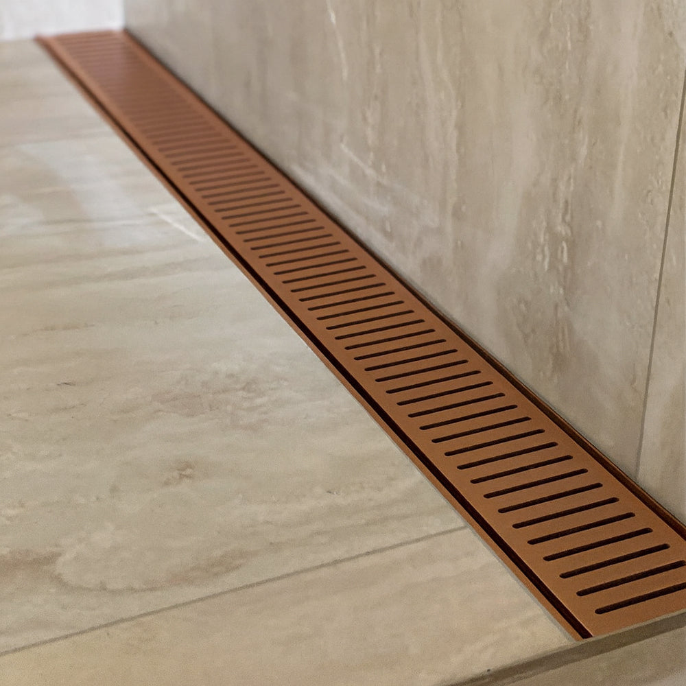 Aluminium Slimline Shower Grate Drain Brush Copper 300-3000x100x21mm - Bathroom Hub