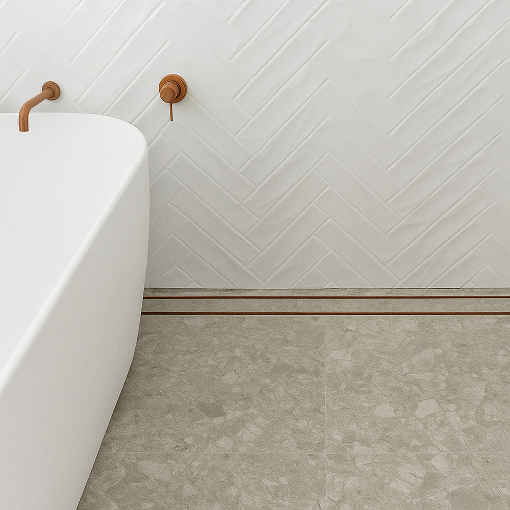 Aluminium Slimline Tile Insert Shower Drain Brush Copper 300-3000x100x21mm - Bathroom Hub