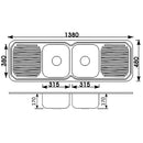 Cora Double Bowl & Double Drainer Kitchen Sink 1380 x 480mm C-1380