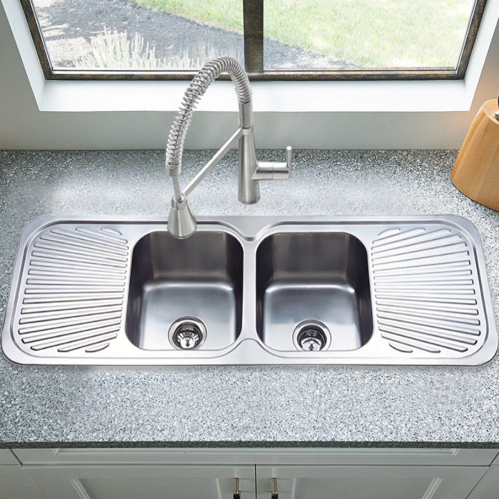 Cora Double Bowl & Double Drainer Kitchen Sink 1380 x 480mm C-1380 - Bathroom Hub