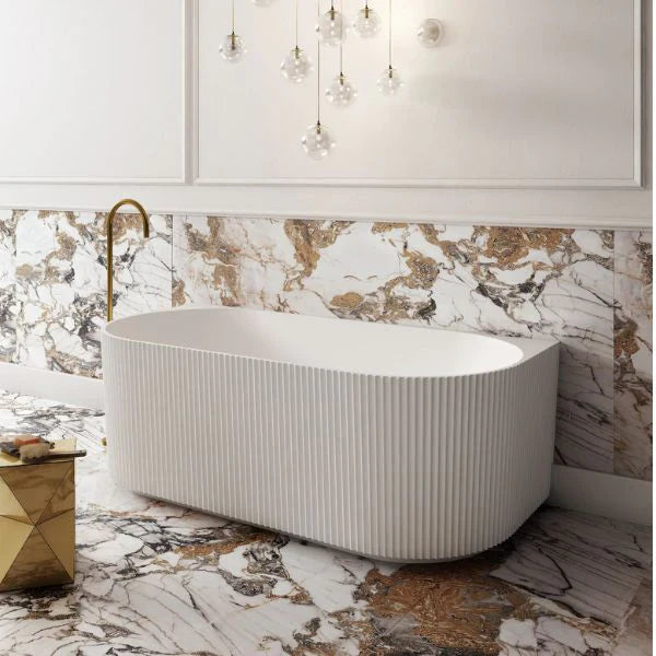 1500mm Fluted V Groove Matt White Back to Wall Freestanding Bath - Bathroom Hub