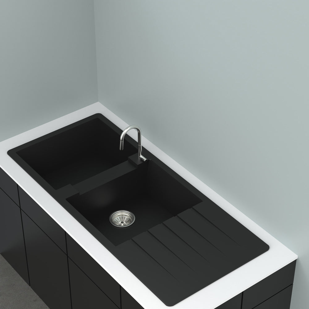 GRANITE Double Bowl Drainer Kitchen Sink D1160-BK - Bathroom Hub